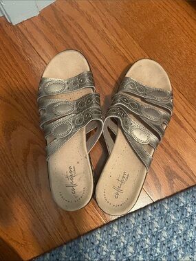 Collection B Metallic Taupe Multi-Strap Slip-On Sandals